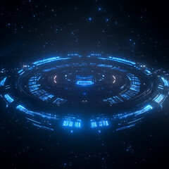 Obraz premium Futuristic Space Station Overview with Glowing Blue Accents Against the Dark Starry Galaxy