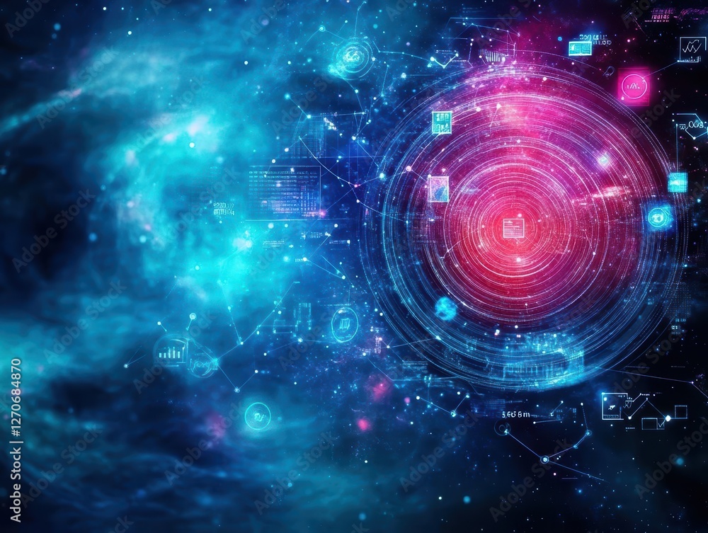 Poster futuristic space background featuring circular shape surrounded by diverse technological symbols cre