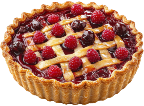 Delicious raspberry pie on white background