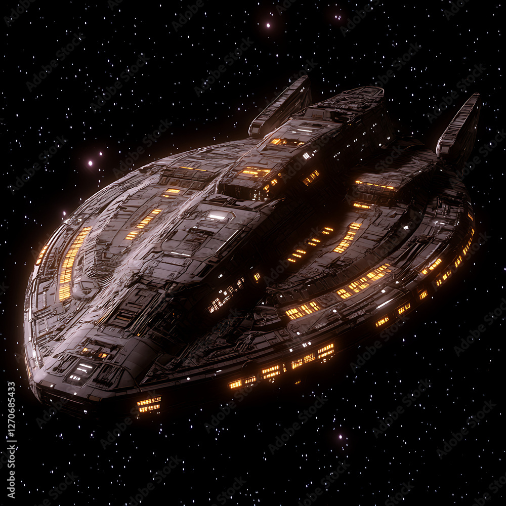 Aufkleber futuristic spaceship floating in the infinite void of outer space among the stars in galaxy