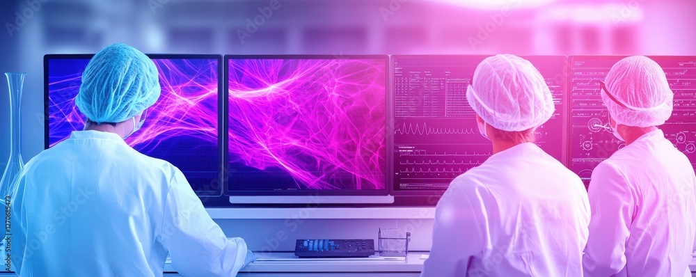 Poster two medical professionals observe digital screens displaying vibrant data visualizations in a high-t