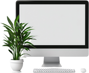 Desktop computer with potted plant.