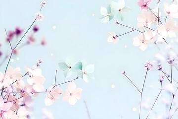 Delicate pastel flowers on thin branches against a soft blue background, creating a dreamy and ethereal atmosphere with a gentle, romantic feel