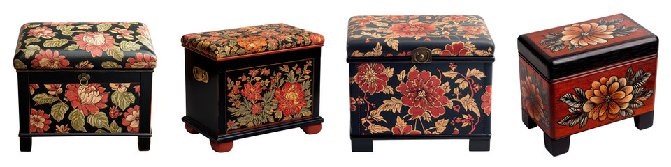 A collection of elegant ornately decorated wooden storage boxes in an antique floral lacquered...