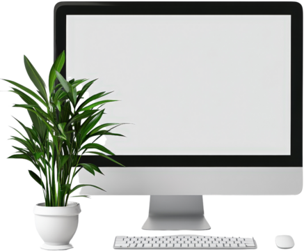 Desktop computer with potted plant. - Powered by Adobe