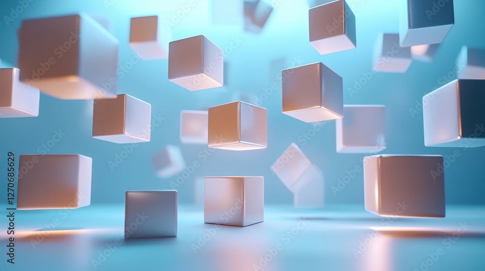Poster floating cubes create dynamic visuals in a futuristic digital space