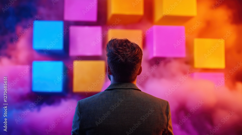 Poster creative visualization of colorful cubes digital art studio setting vibrant atmosphere rear view per