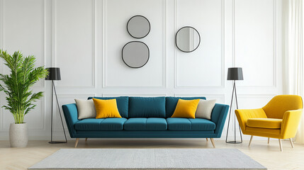 Stylish living room showcases teal sofa, yellow armchair and curated decor