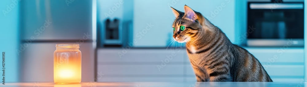 Poster a cozy scene of a cat sitting at a table with a flickering candle creating a warm and inviting atmos
