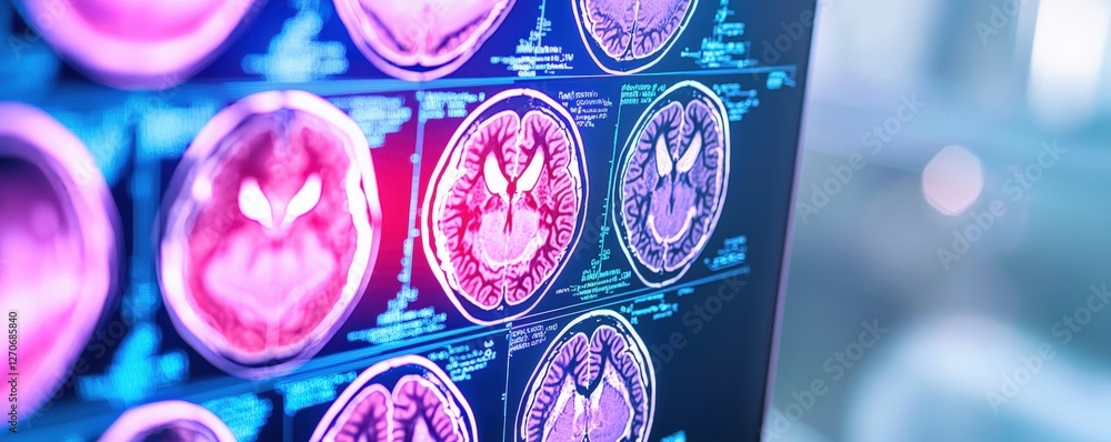 Poster a close-up view of brain scans displayed on a digital screen, showcasing various colors and patterns