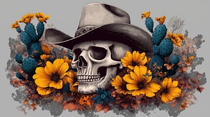 Creepy cowboy skull artwork desert landscape digital art floral elements close-up view western concept
