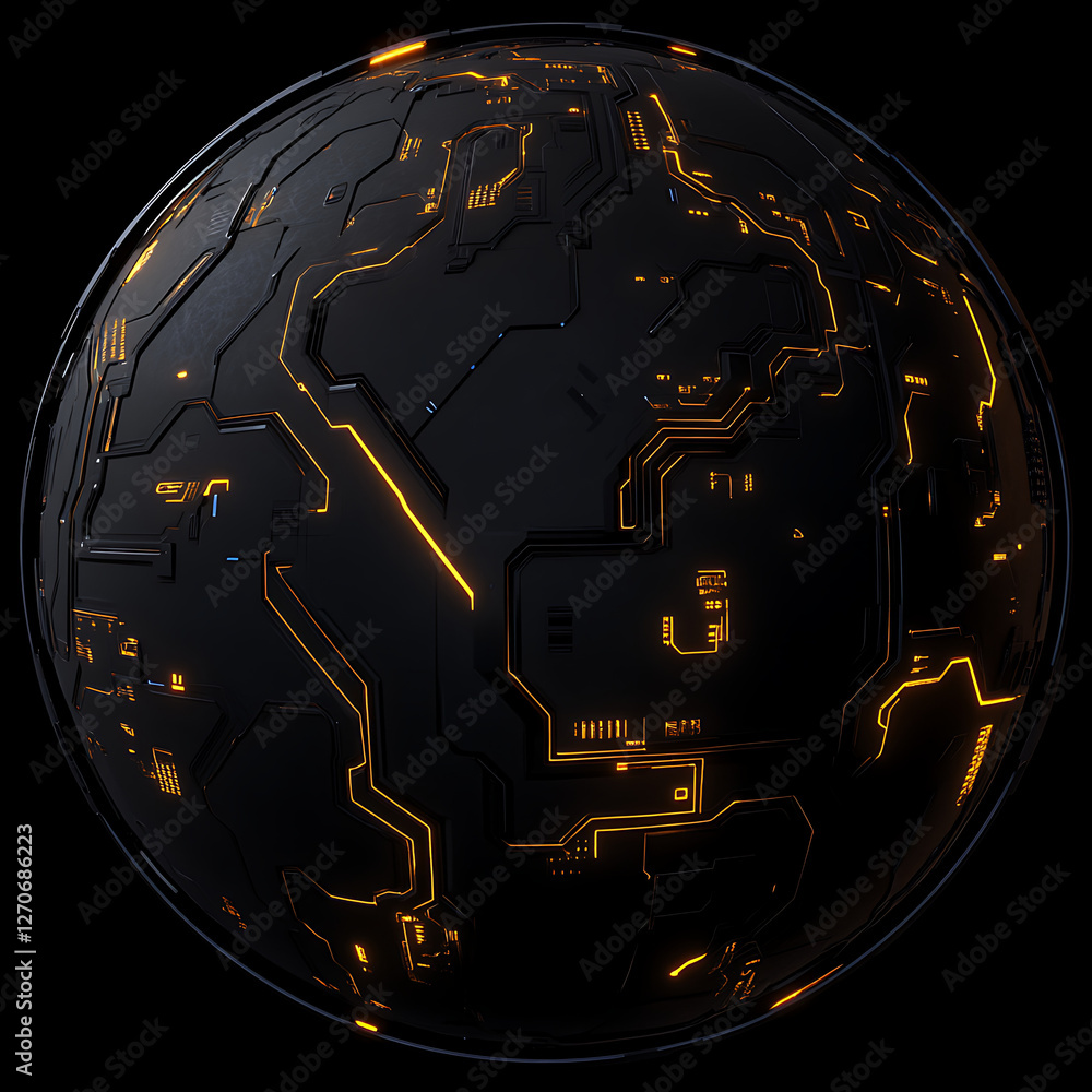 Poster futuristic sphere with circuit patterned surface representing advanced tech connectivity aesthetics