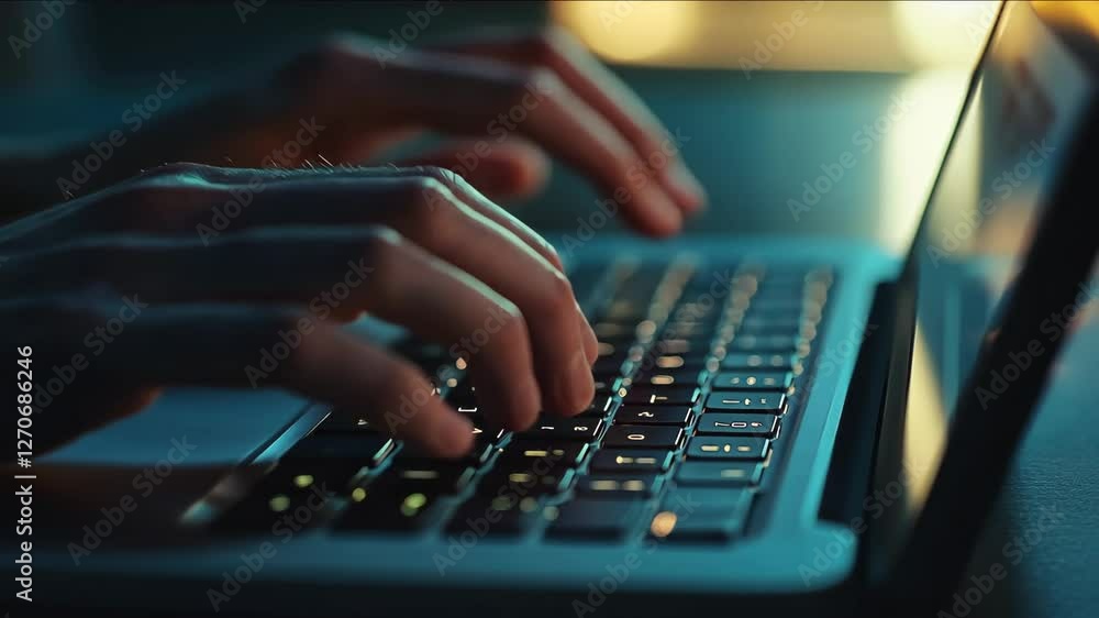 Poster hands typing on laptop keyboard in dim light environment