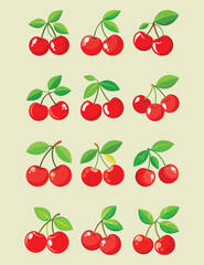 Fruitful red cherries with leaves
