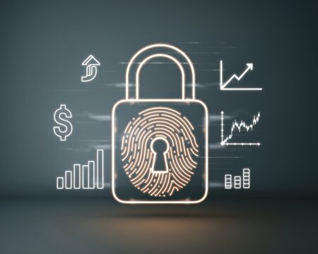 Financial prevention tools concepts. Digital padlock with fingerprint design, symbolizing security and data protection.