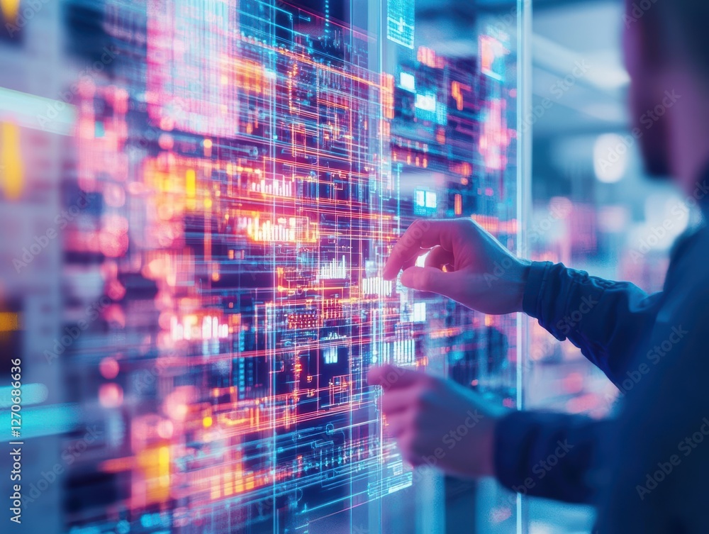 Poster a man interacting with a futuristic digital interface in a modern workspace showcasing technology in