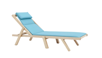 Chaise lounge with blue cushions, perfect for summer beach vacations, isolated on a transparent background