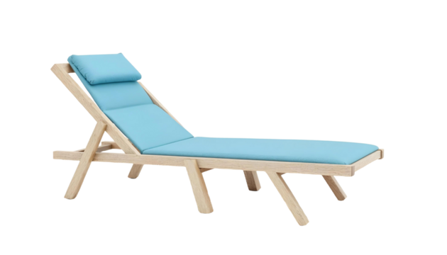 Chaise lounge with blue cushions, perfect for summer beach vacations, isolated on a transparent background