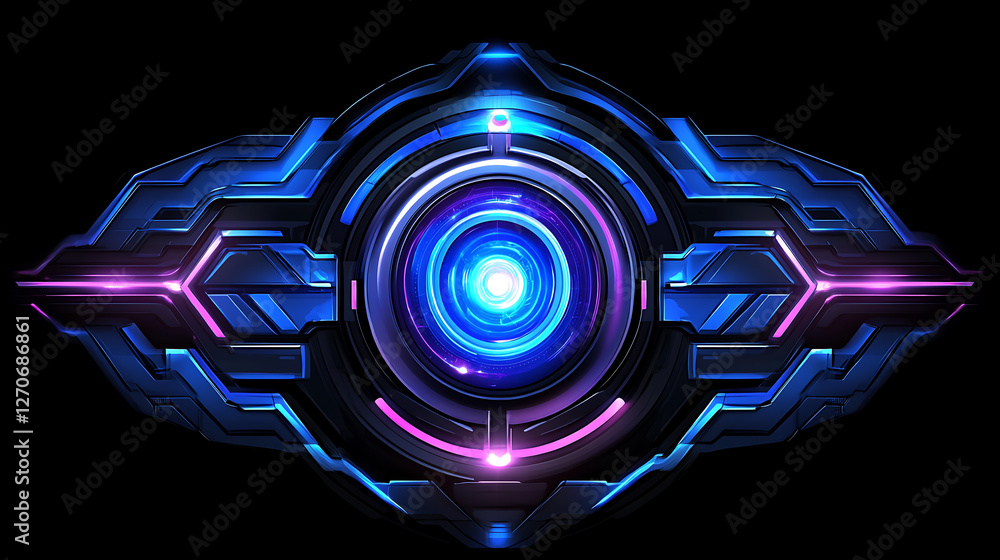 Poster futuristic technological eye with circular portal effect and symmetrical metallic design elements