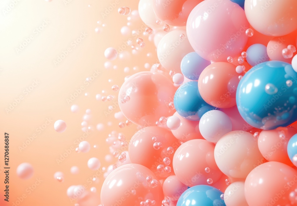 Poster colorful abstract background with pastel spheres and bubbles floating in a soft gradient of peach an