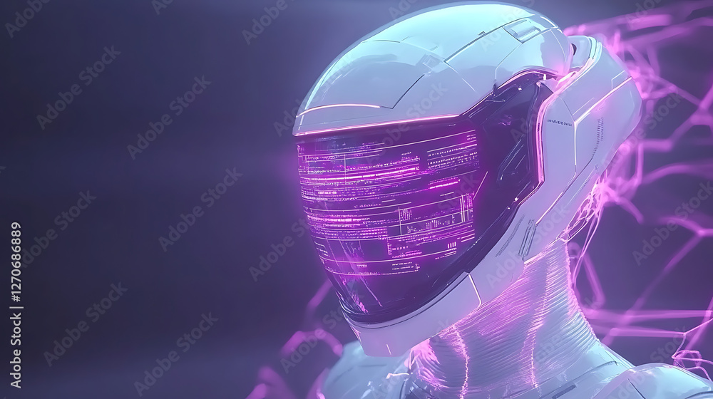 Poster futuristic technological integration with humanoid form manifesting advanced interface display