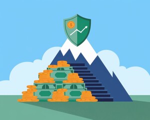 Financial prevention tools concepts. Conceptual illustration of wealth protection with money stacks and a shield on a mountain.