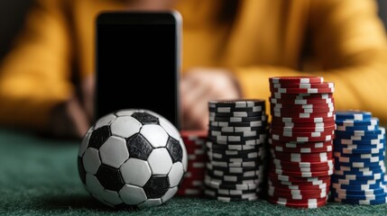 Soccer Ball and Casino Chips with Smartphone on Green Background