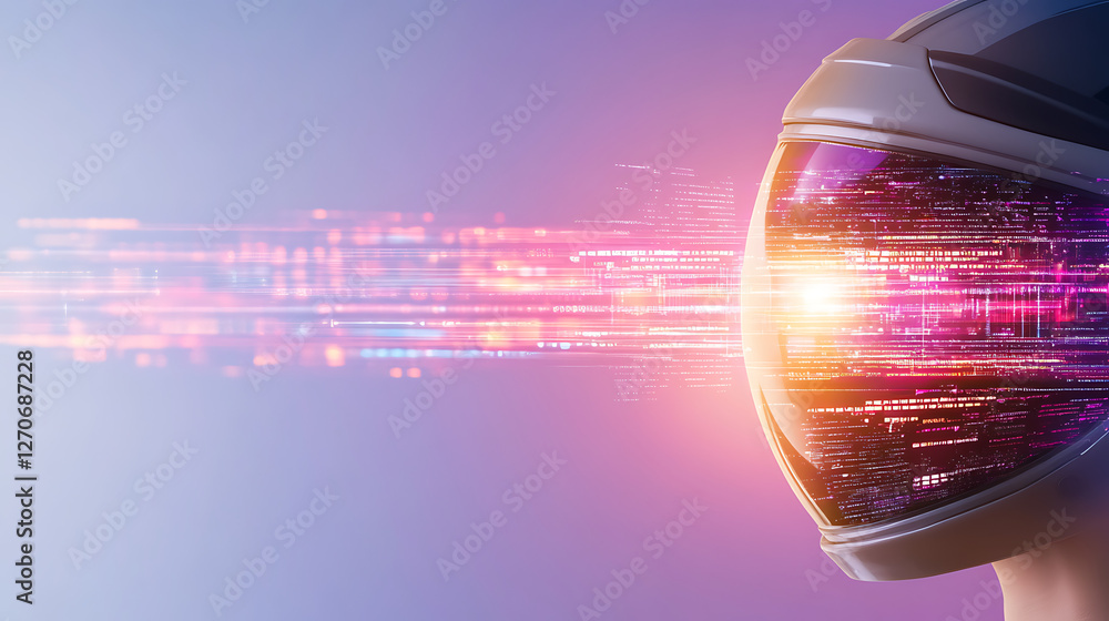 Poster futuristic technology interface through digital visor holographic display innovation and data stream