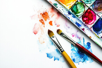 Fototapeta premium Paint brushes and colorful watercolor paint splashes on white background
