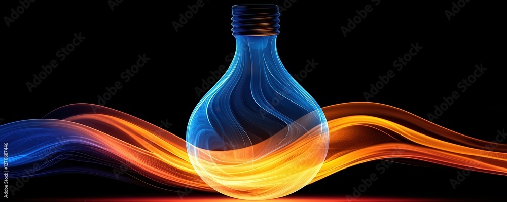 Poster illuminated blue bottle with flowing light waves studio setting abstract art dark background