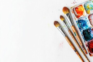 Obraz premium Paint brushes and colorful watercolor paint splashes on white background