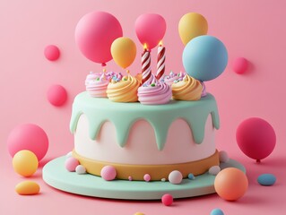 Colorful birthday cake with balloons and candles on pastel pink background, festive decorations for celebration and party decoration ideas