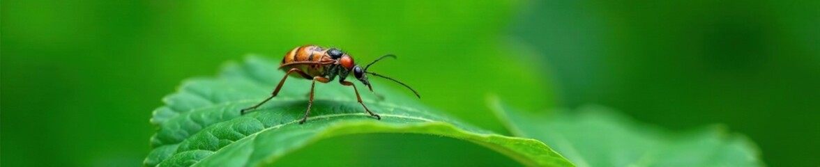 Resting insect on a lush green leaf, with intricate veins, intricate, botanical, insect