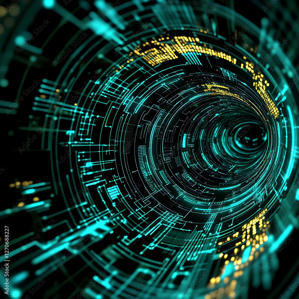 Poster futuristic tunnel vision data stream circuitry design in digital network communication era interface