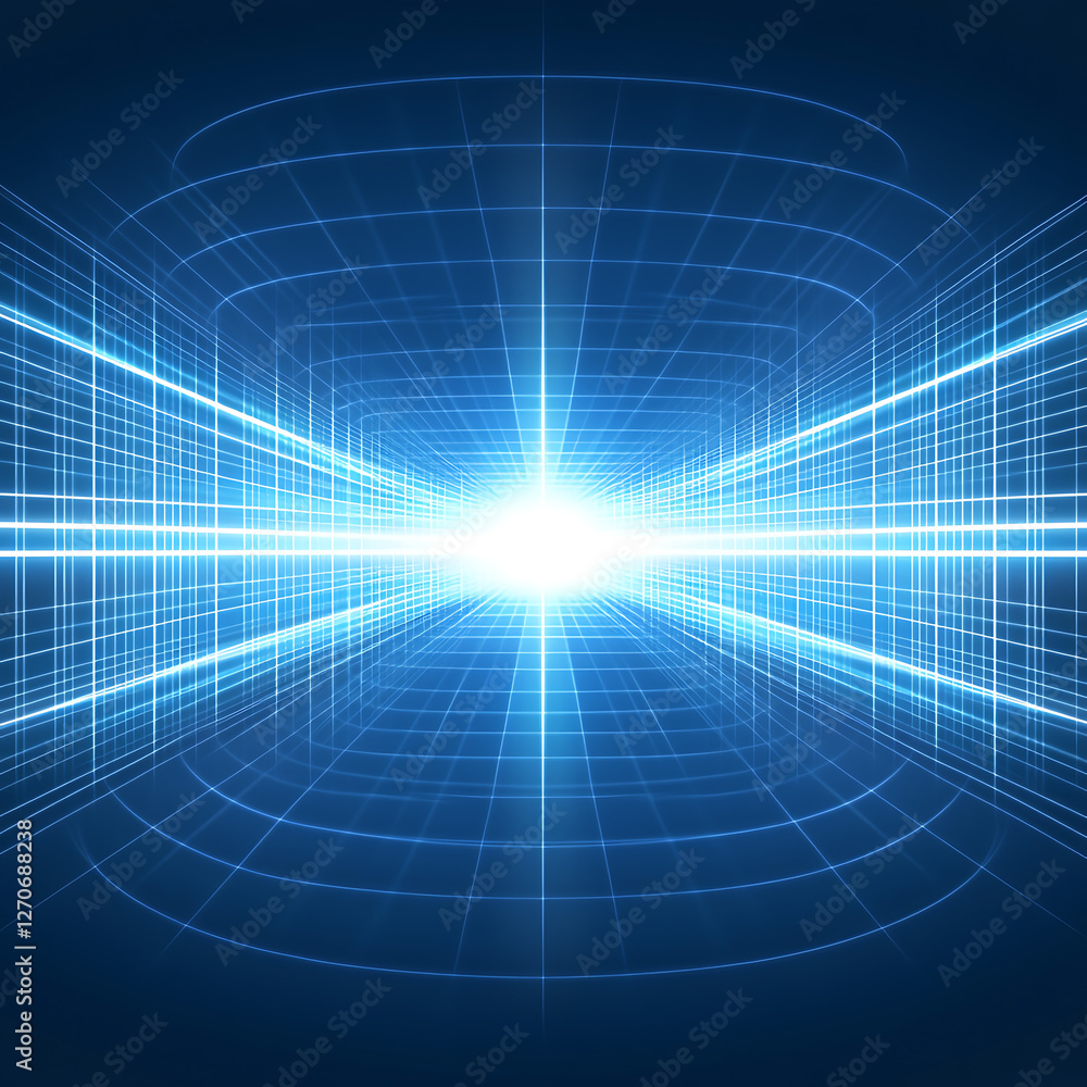 Poster futuristic tunnel visualization with grid lines and a light source in blue color scheme