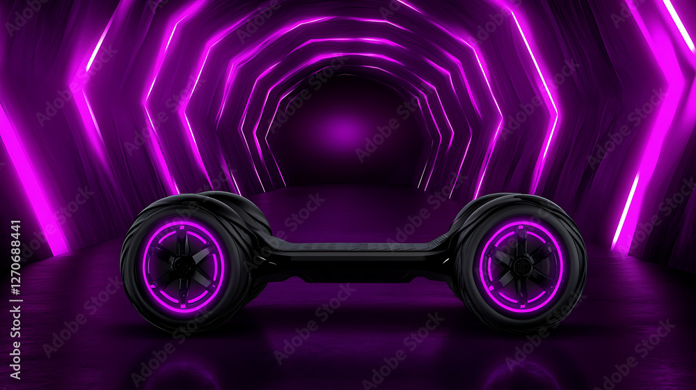 Poster futuristic unicycle in illuminated octagon tunnel technology innovation device design