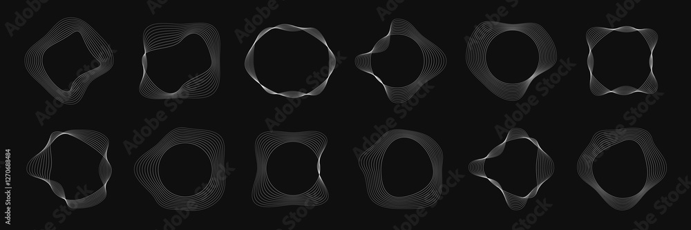 Poster set of round curved frames with dynamic wavy stripes