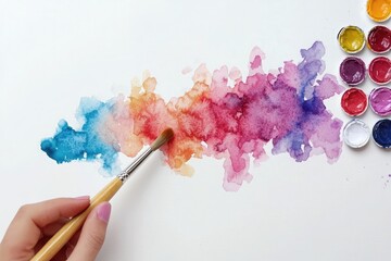 Paint brushes and colorful watercolor paint splashes on white background