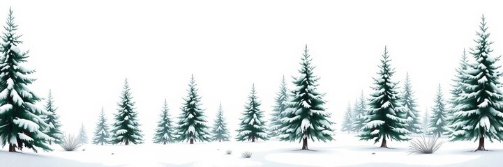 Fototapeta premium Snowy forest illustration with Christmas fir trees, winter nature, conifer, holiday background, rural landscape, outdoor scene, isolated on white background, snowy, white background, nature