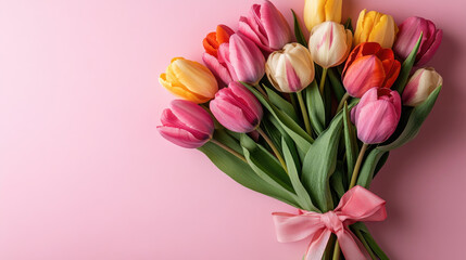 Obraz premium Greeting background with Bouquet of fresh different colored tulips a pink background . Festive banner for birthday, Mother's day, Women's day, March 8,Easter. Flat lay. Top view. Copy space. Mock up