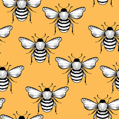 Seamless pattern with bees on color background. Small wasp. Vector illustration. Adorable cartoon character. Template design for invitation, cards, textile, fabric. Doodle style.