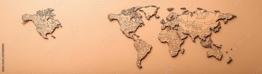 Poster intricately crafted paper world map displaying continents and oceans with artistic detailing evoking