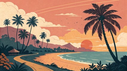 Obraz premium Tropical Sunset Beach Scene Coastal Paradise Digital Art Serene Environment Vibrant Colors Relaxation Concept