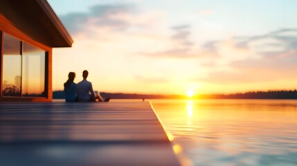 Fototapeta premium Couple Relaxing on Wooden Dock at Lakeside Cabin Watching Sunset