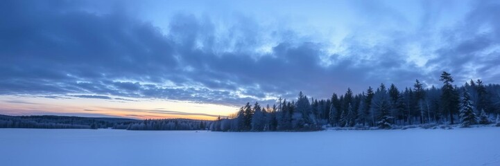 Obraz premium Landscape of a serene winter forest at sunset with snow-covered trees and a colorful sky, landscape, evening, cold