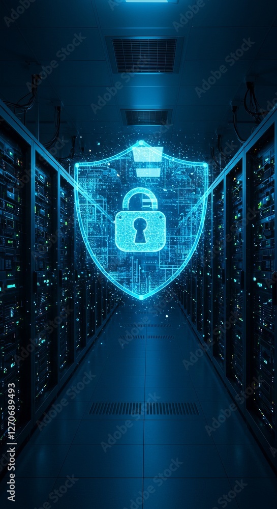 Poster futuristic data center security with digital shield and cyber protection in a server room