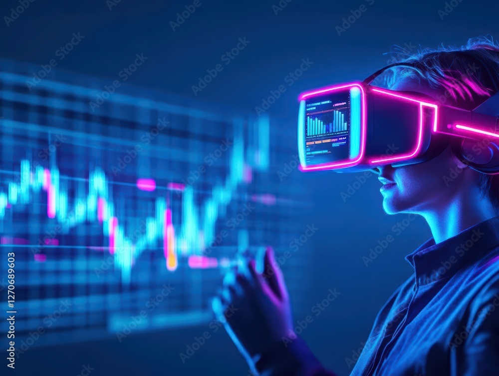Poster woman engaged in virtual reality experience immersed in digital environment with futuristic elements