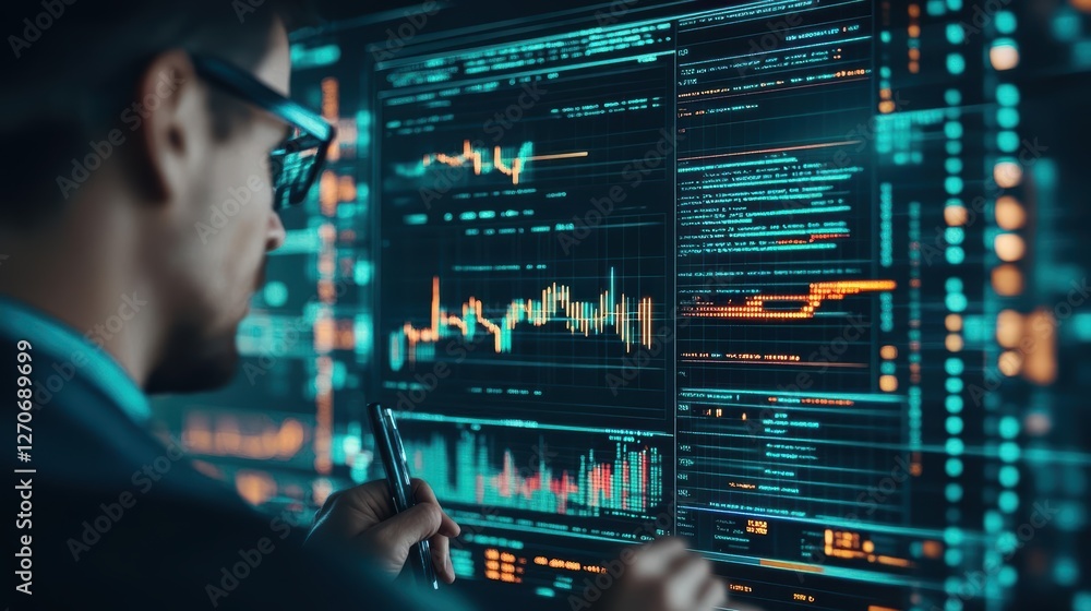 Poster focused man analyzing data on computer screen surrounded by graphs and charts reflecting professiona