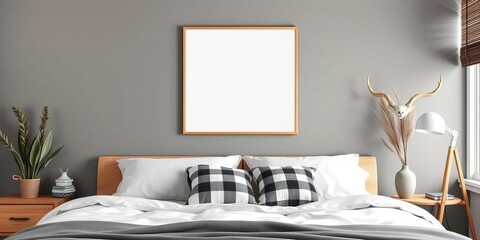 Mock up poster hanging in hipster bedroom with deer horns decoration on wall, creating a trendy and stylish atmosphere, mock up, 3D render, 3D illustration