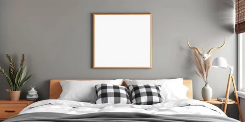 Ingelijste posters Mock up poster hanging in hipster bedroom with deer horns decoration on wall, creating a trendy and stylish atmosphere, mock up, 3D render, 3D illustration © Pimchada